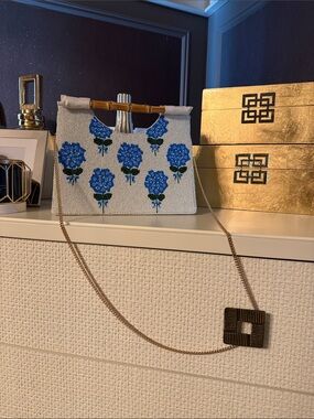 Handmade🪻Beaded Chain Shoulder Bag with Blue Hydrangea floral Embroidery